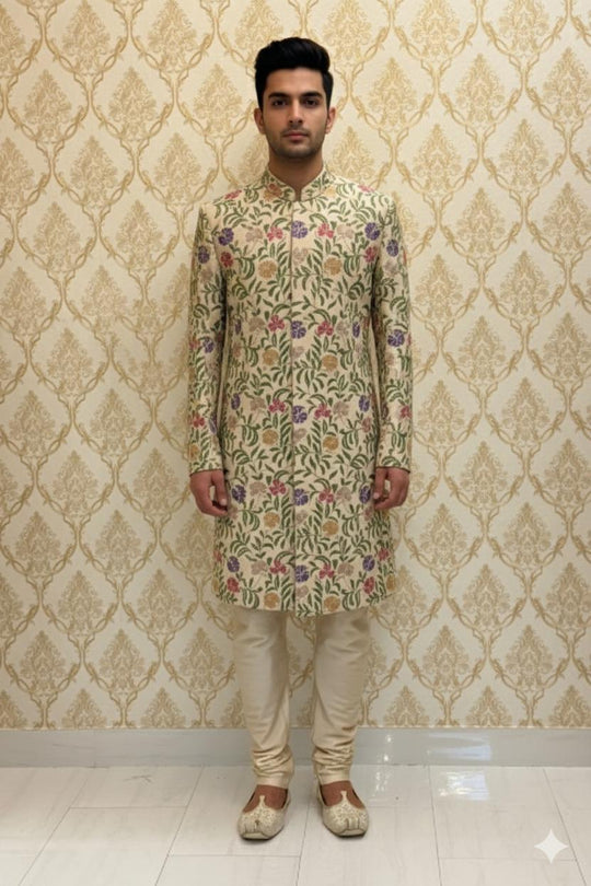 Beige Floral Embroidered Sherwani