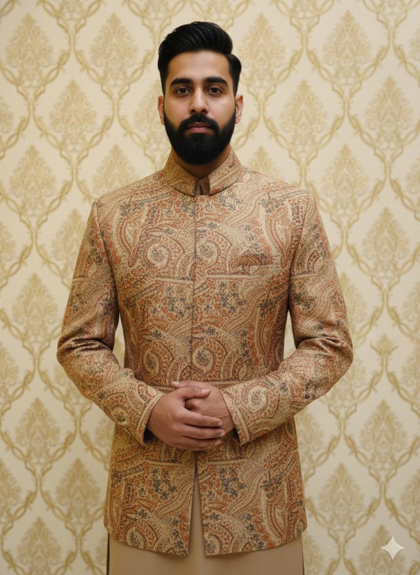 Luxury Beige &amp; Gold Paisley Sherwani