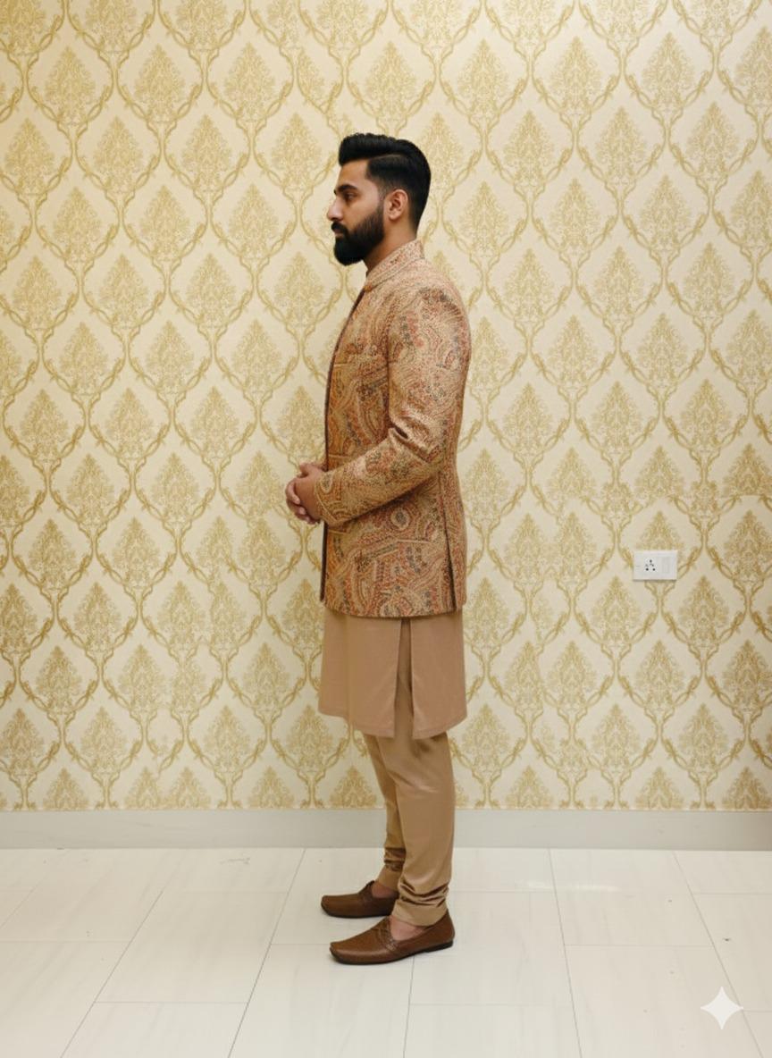 Luxury Beige &amp; Gold Paisley Sherwani
