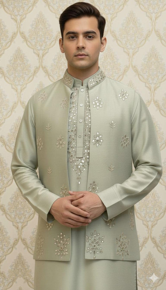 Mint Green Silk Sherwani Jacket