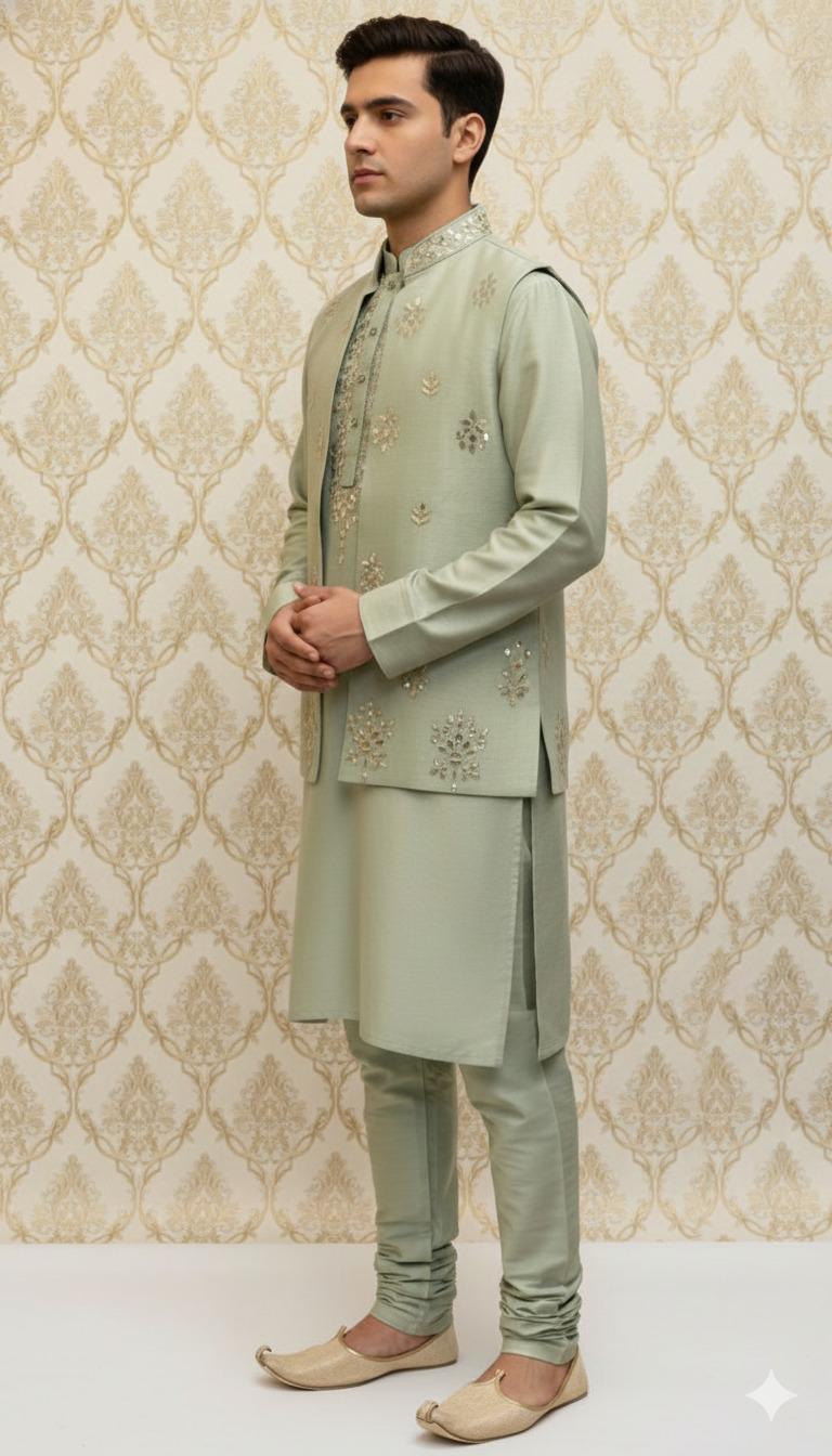 Mint Green Silk Sherwani Jacket