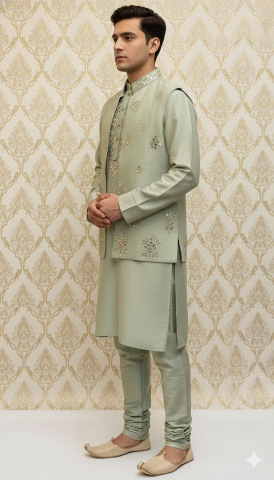 Mint Green Silk Sherwani Jacket