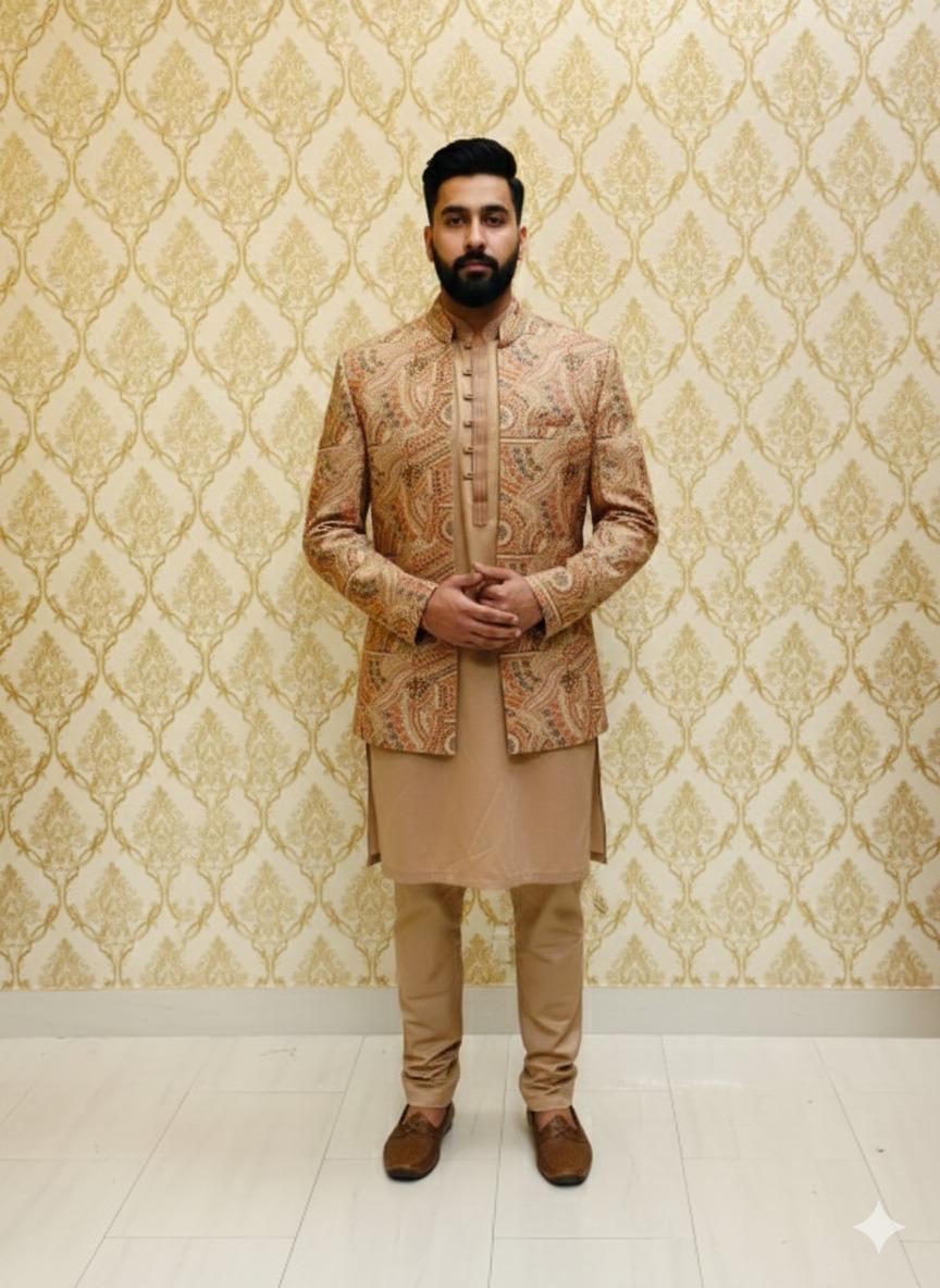 Luxury Beige &amp; Gold Paisley Sherwani