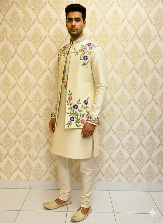 Ivory Floral Embroidered Sherwani