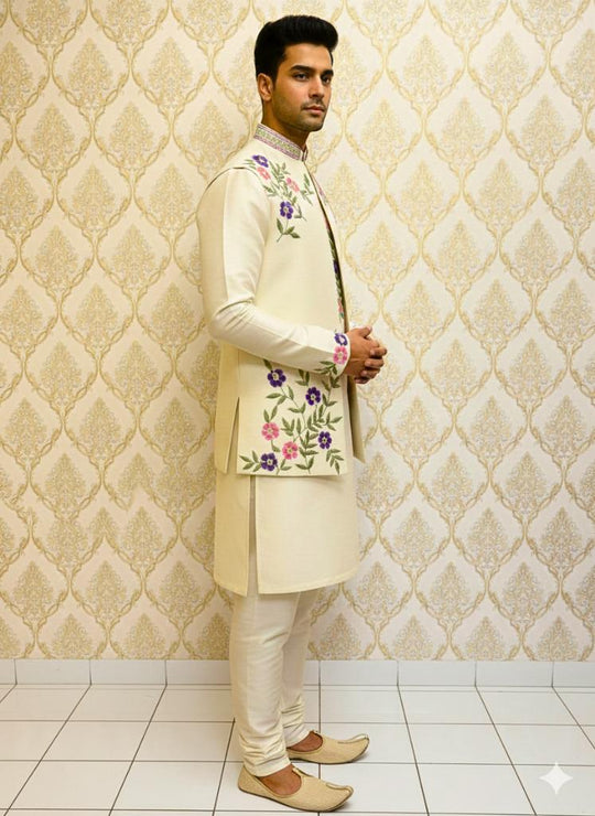Ivory Floral Embroidered Sherwani