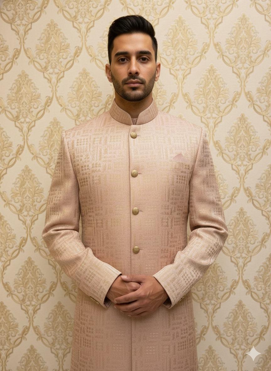 Peach Geometric Jacquard Sherwani