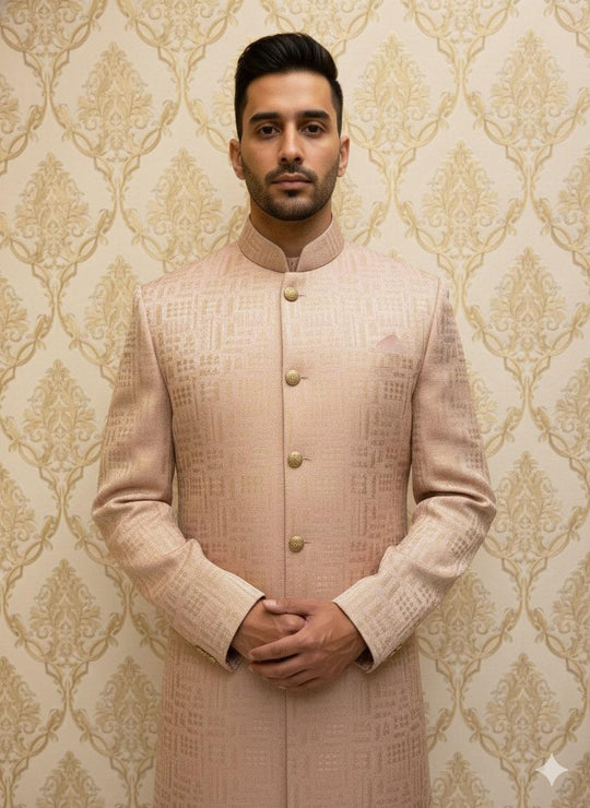 Peach Geometric Jacquard Sherwani
