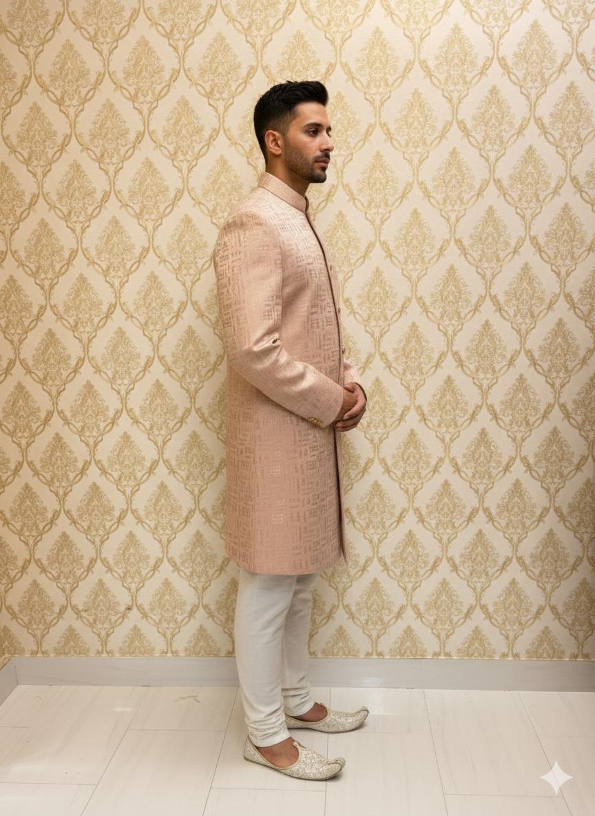 Peach Geometric Jacquard Sherwani