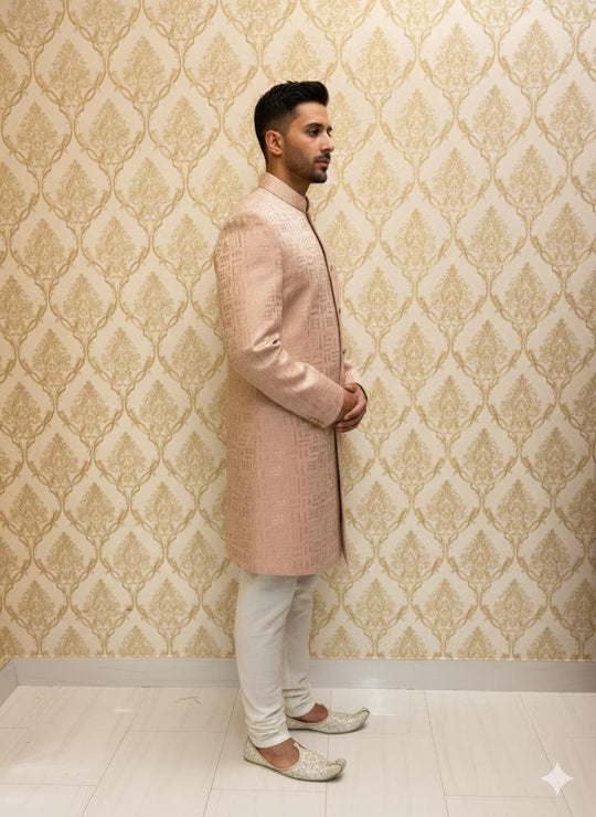 Peach Geometric Jacquard Sherwani