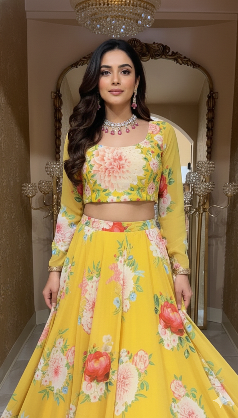 Yellow Floral Print Lehenga Choli
