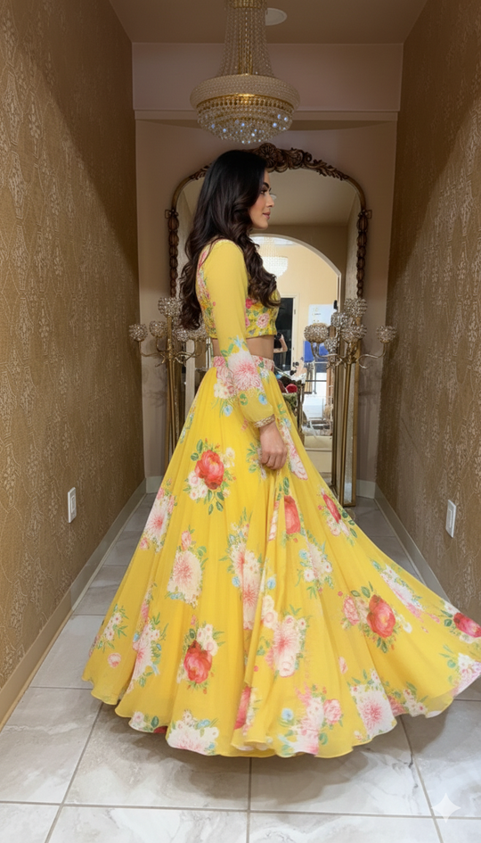 Yellow Floral Print Lehenga Choli