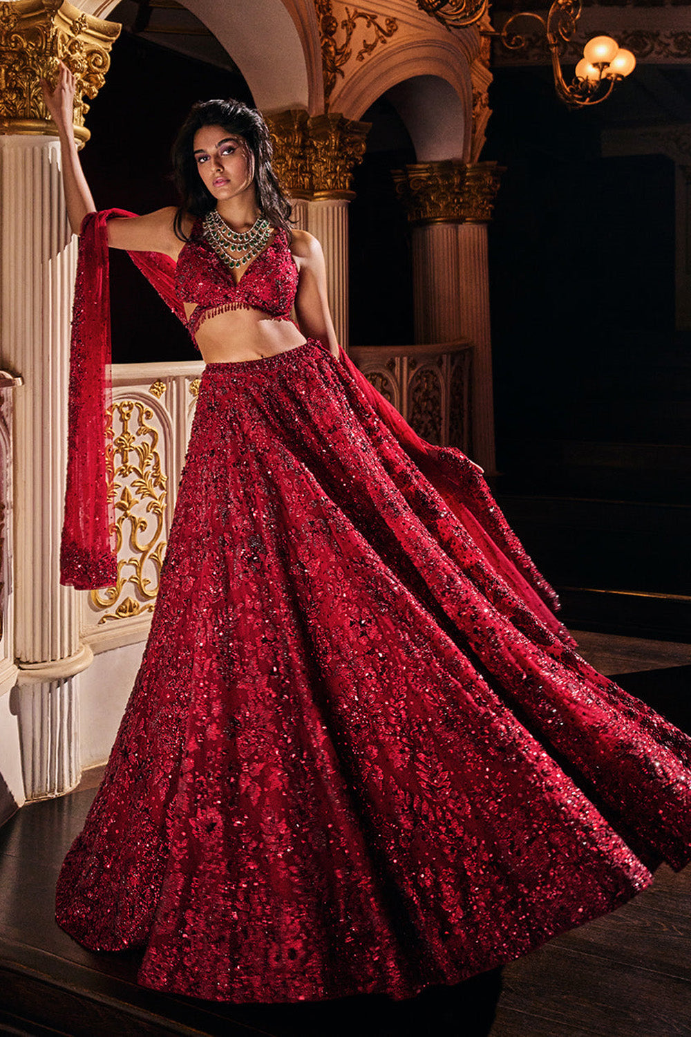 Seema Gujral - Maroon Sequin Lehenga Set