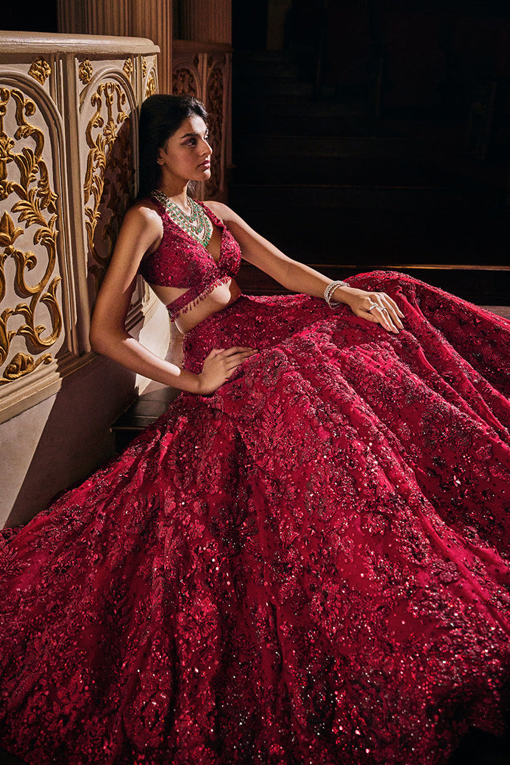 Seema Gujral - Maroon Sequin Lehenga Set