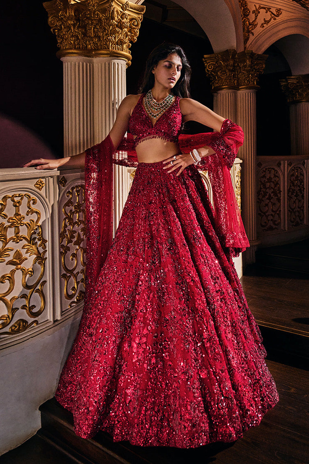 Seema Gujral - Maroon Sequin Lehenga Set