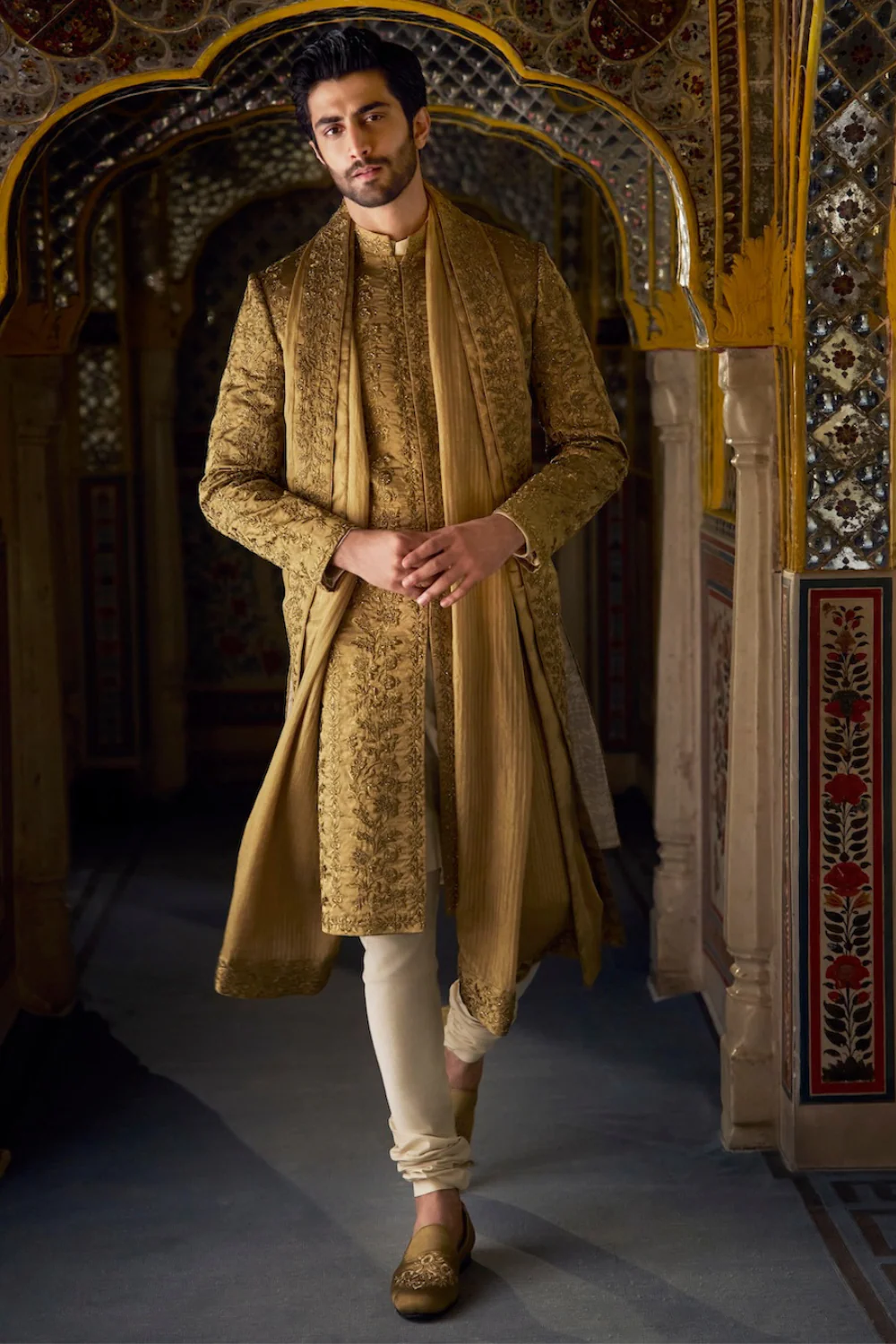 Seema Gujral - Antique Gold Tissue Sherwani Set
