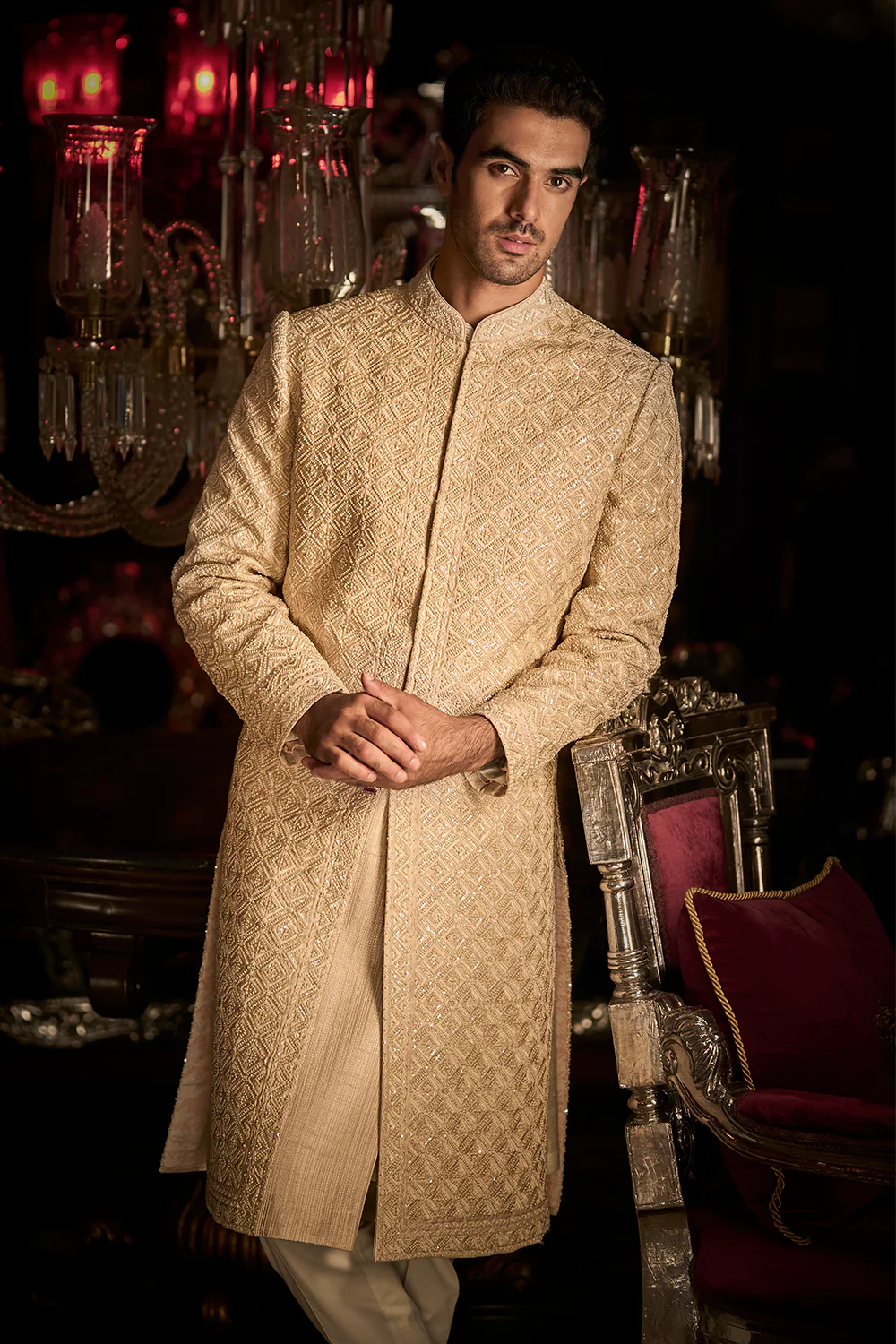 Seema Gujral - Nude Thread Sequin Work Sequin Sherwani Set