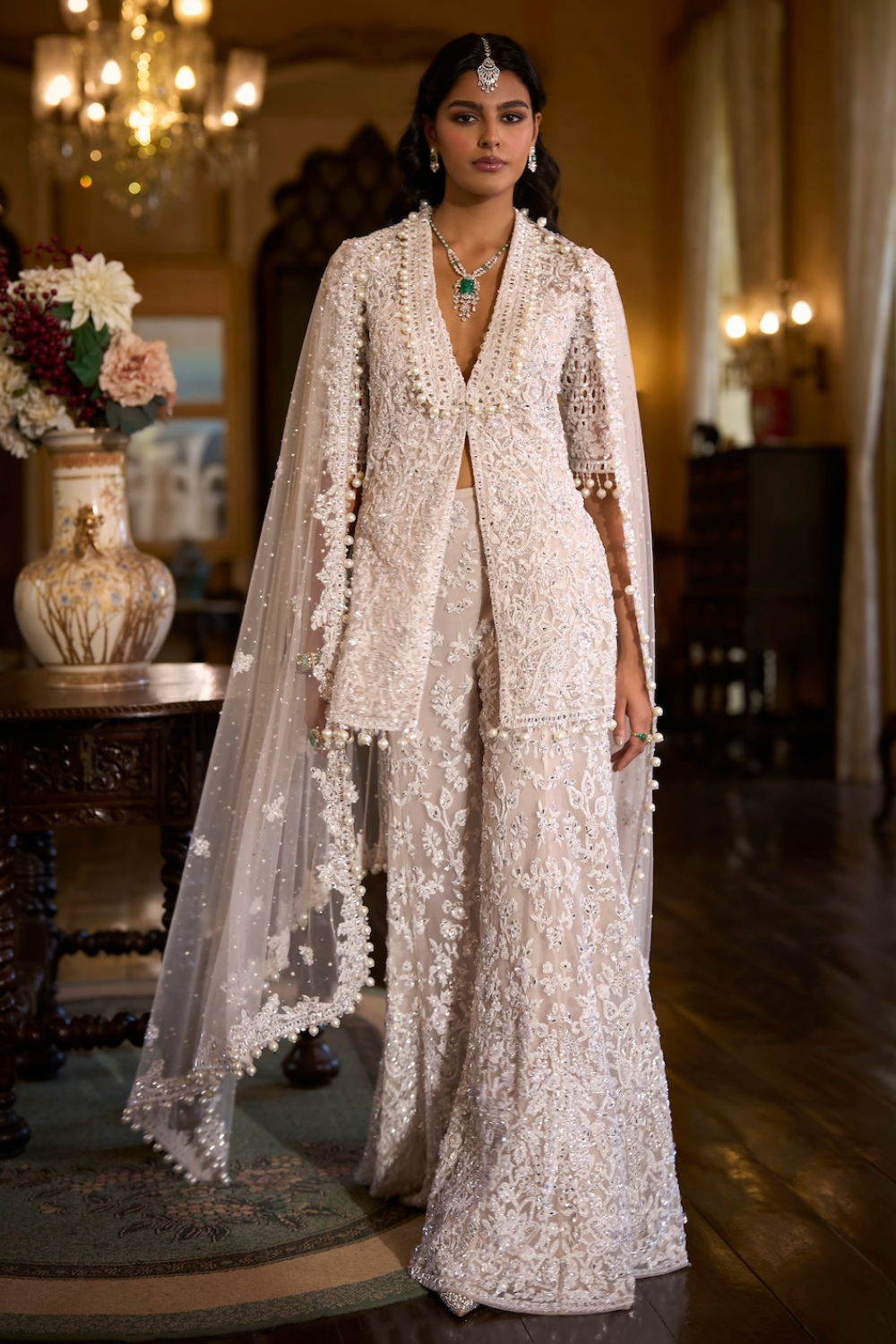Seema Gujral - White Sequin Jacket Sharara - Pant Set