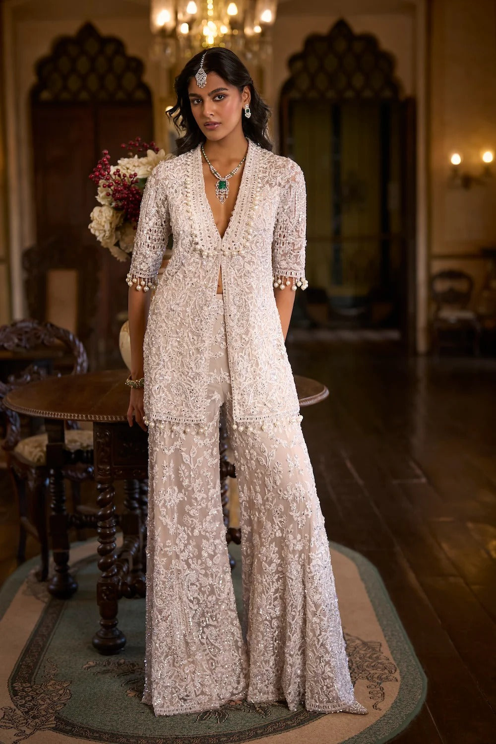 Seema Gujral - White Sequin Jacket Sharara - Pant Set