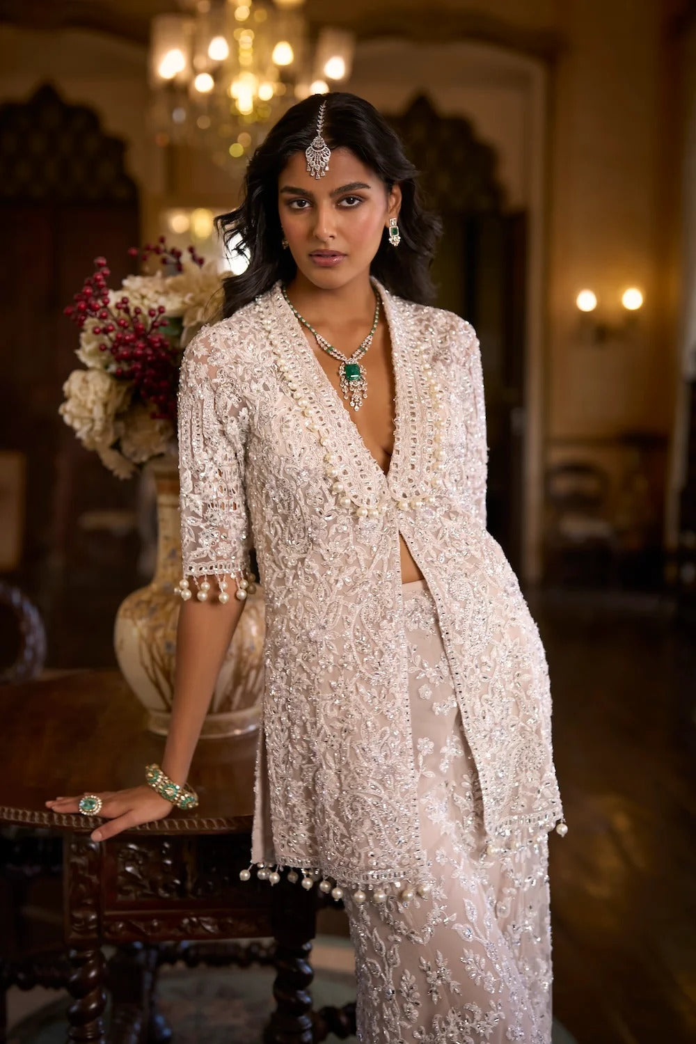 Seema Gujral - White Sequin Jacket Sharara - Pant Set