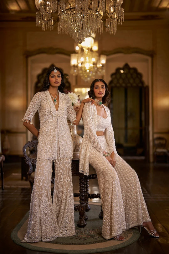 Seema Gujral - White Sequin Jacket Sharara - Pant Set