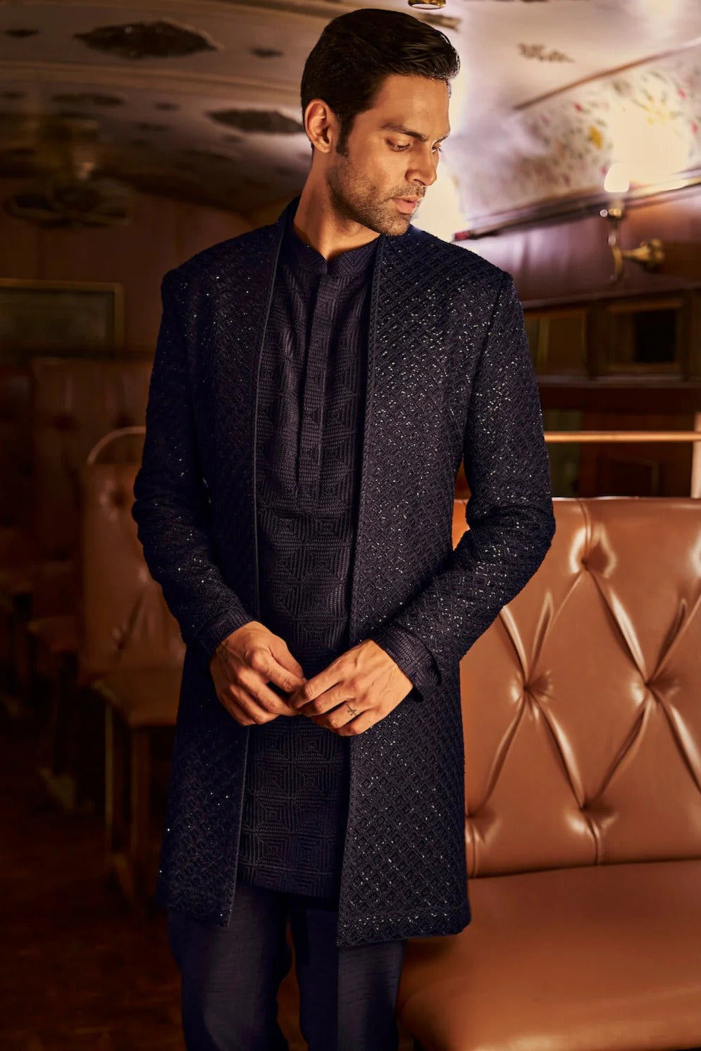 Seema Gujral - Navy Thread Work Open Sherwani set