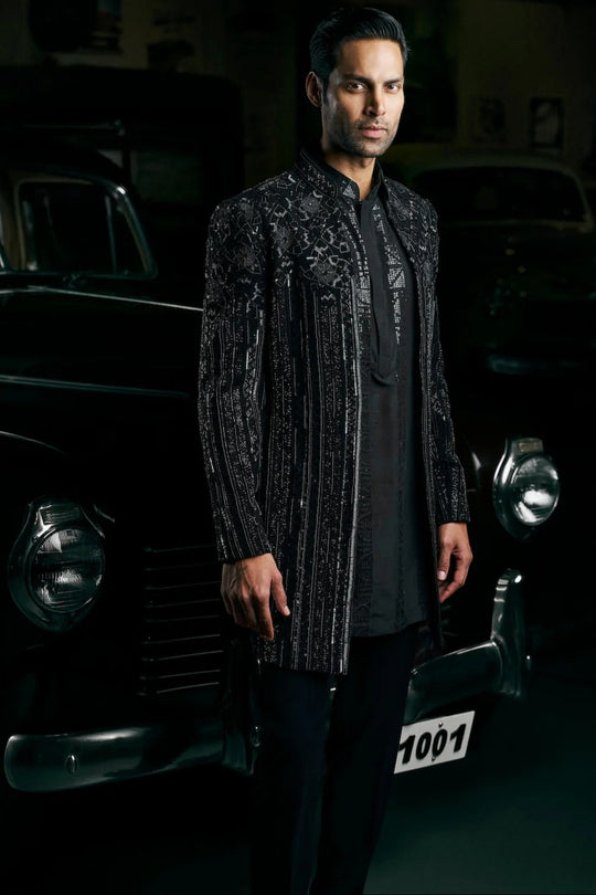 Seema Gujral - Black Abstract Open Sherwani Set