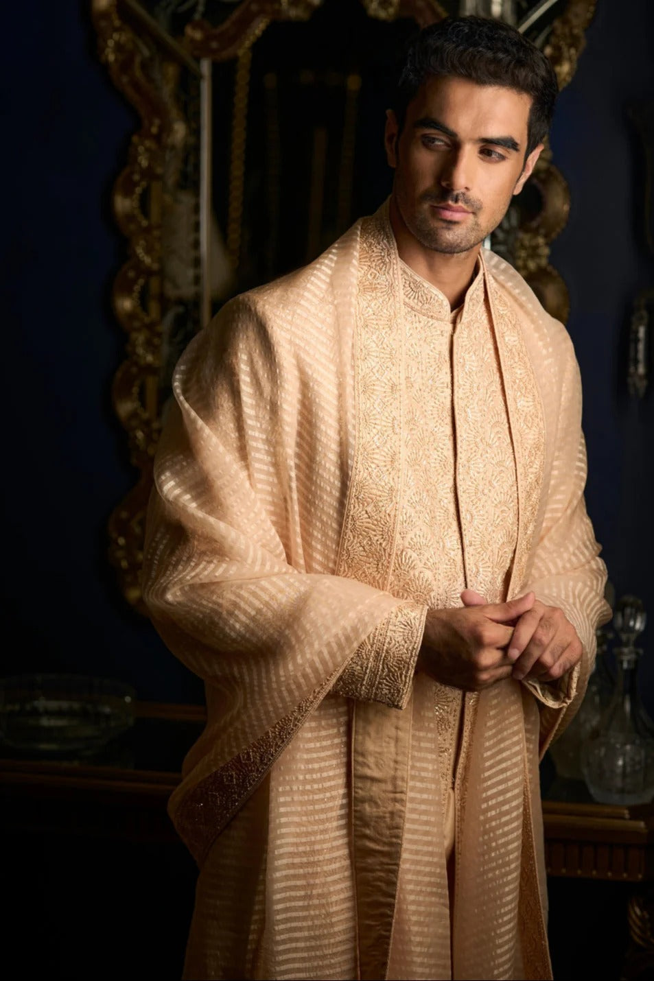 Seema Gujral - Peach Thread Sequin Sherwani Set