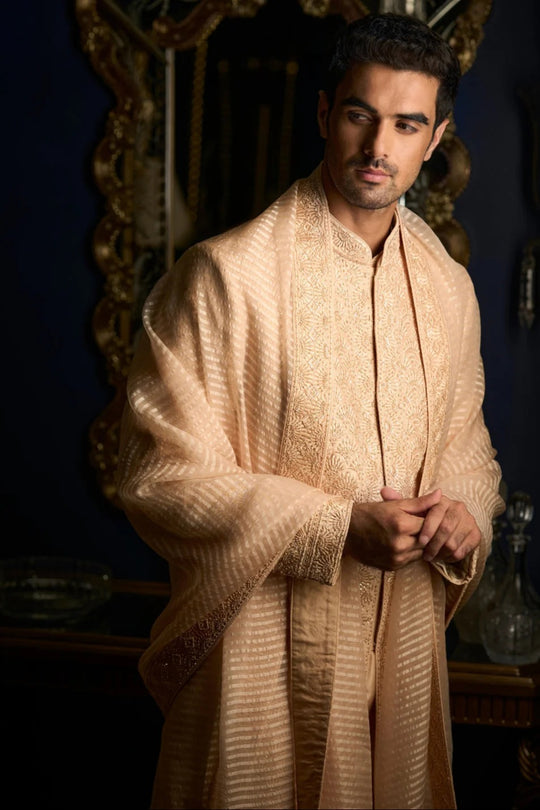 Seema Gujral - Peach Thread Sequin Sherwani Set