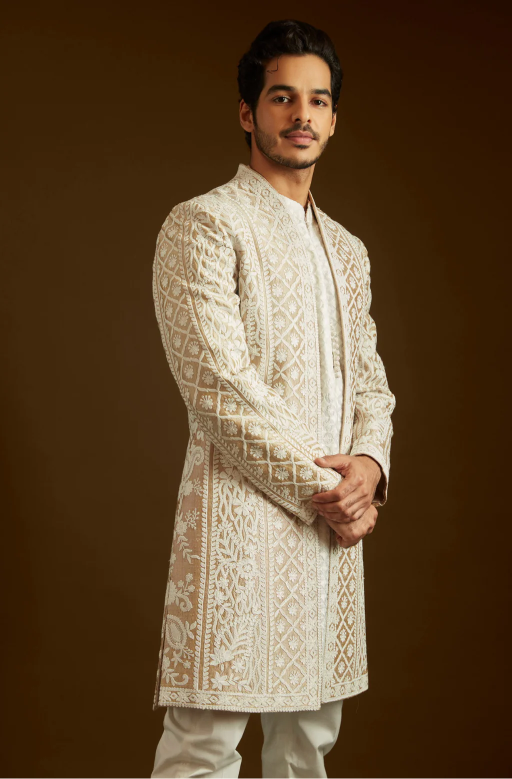 Seema Gujral - Ishaan Khatter in Nude Cream Open Sherwani Set