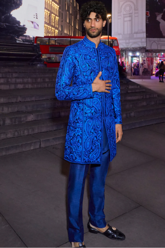 Seema Gujral - Blue Thread Work Sherwani Set