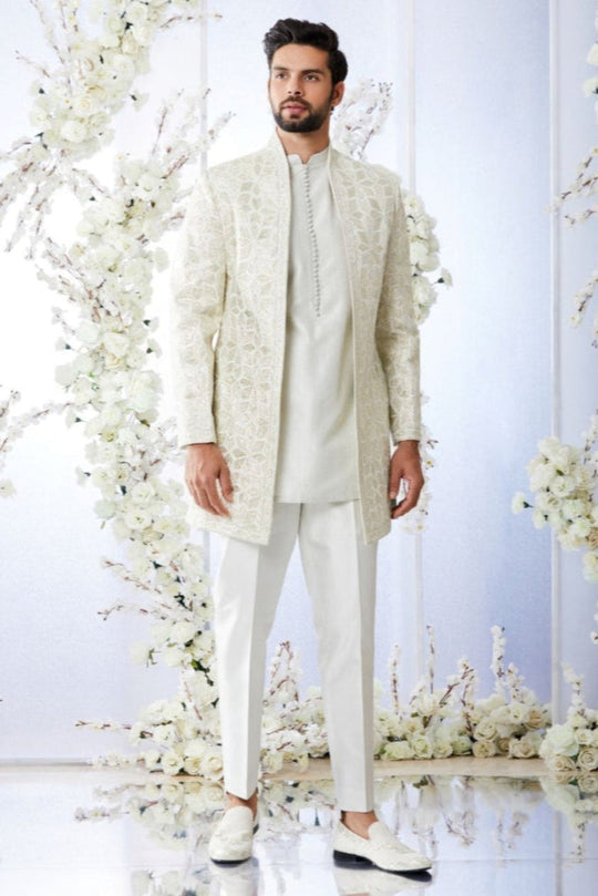 Seema Gujral - Antique Silver Open Short Sherwani Set