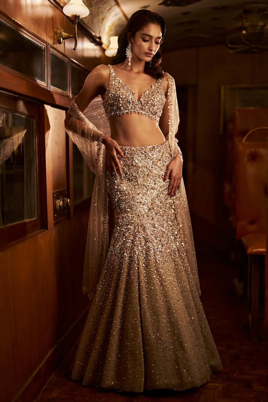 Seema Gujral - Nude Crystal Skirt Set