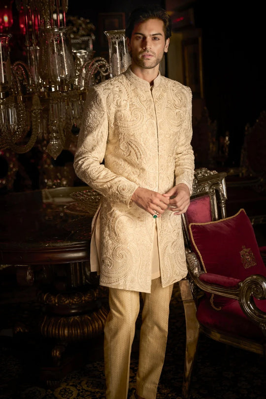 Seema Gujral - Cream Abstract Sherwani Set