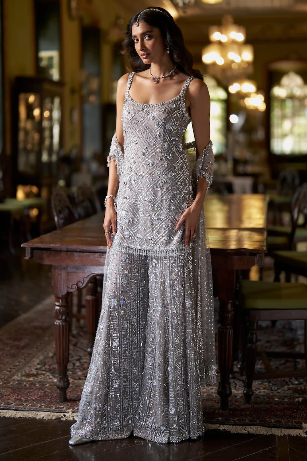 Seema Gujral - Silver Sequin Sharara Set