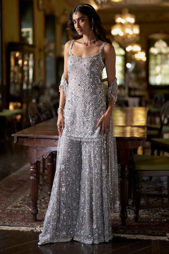 Seema Gujral - Silver Sequin Sharara Set