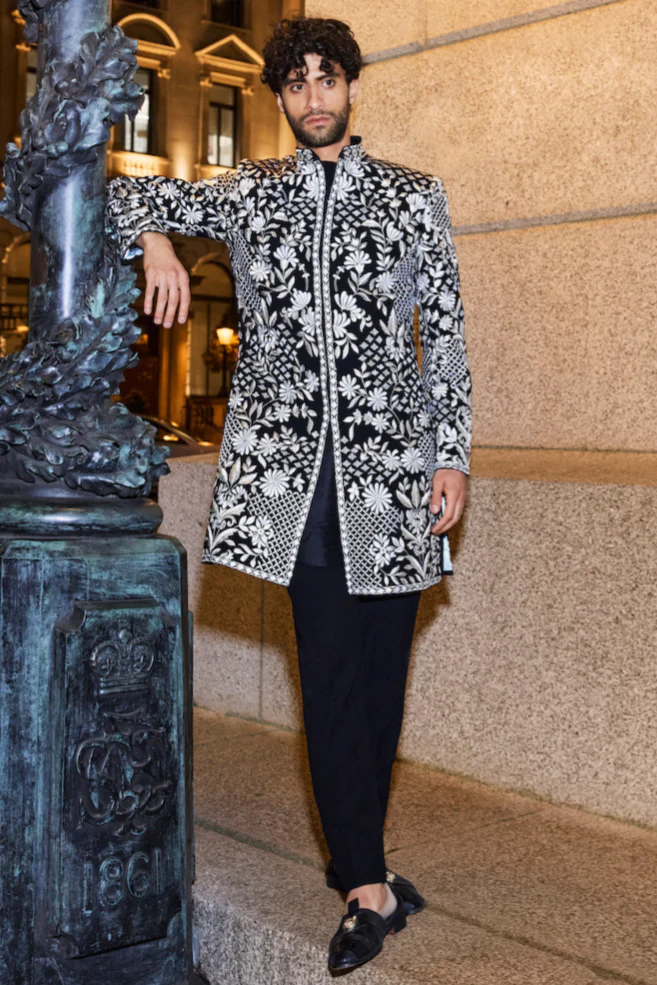 Seema Gujral - Black &amp; Silver Sherwani Set