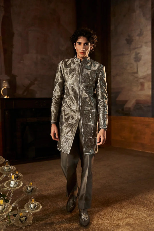 Seema Gujral - Charcoal Metallic Sherwani Set