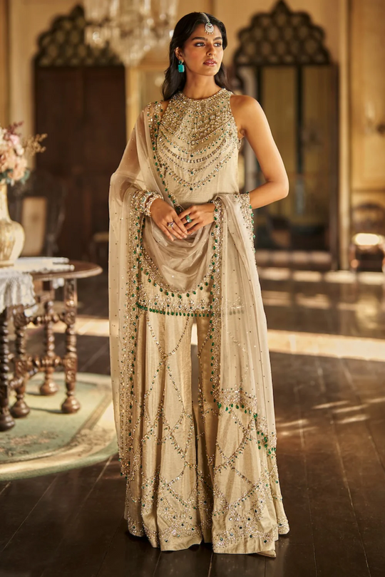 Seema Gujral - Champagne Emerald Crystal Sharara Set