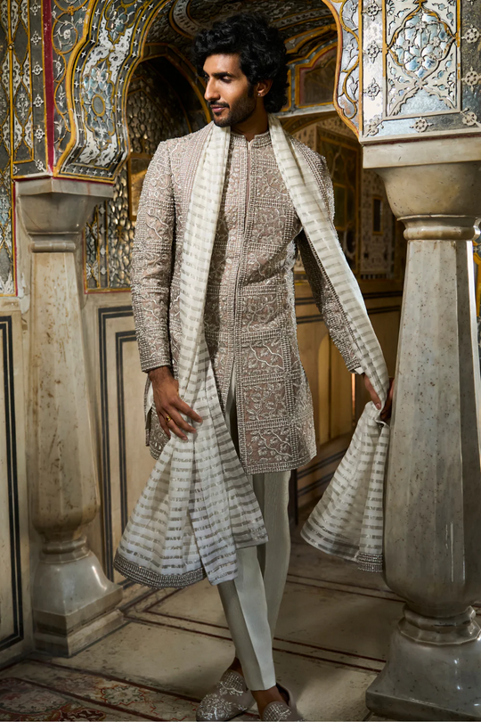Seema Gujral - Silver Geometric Sherwani Set