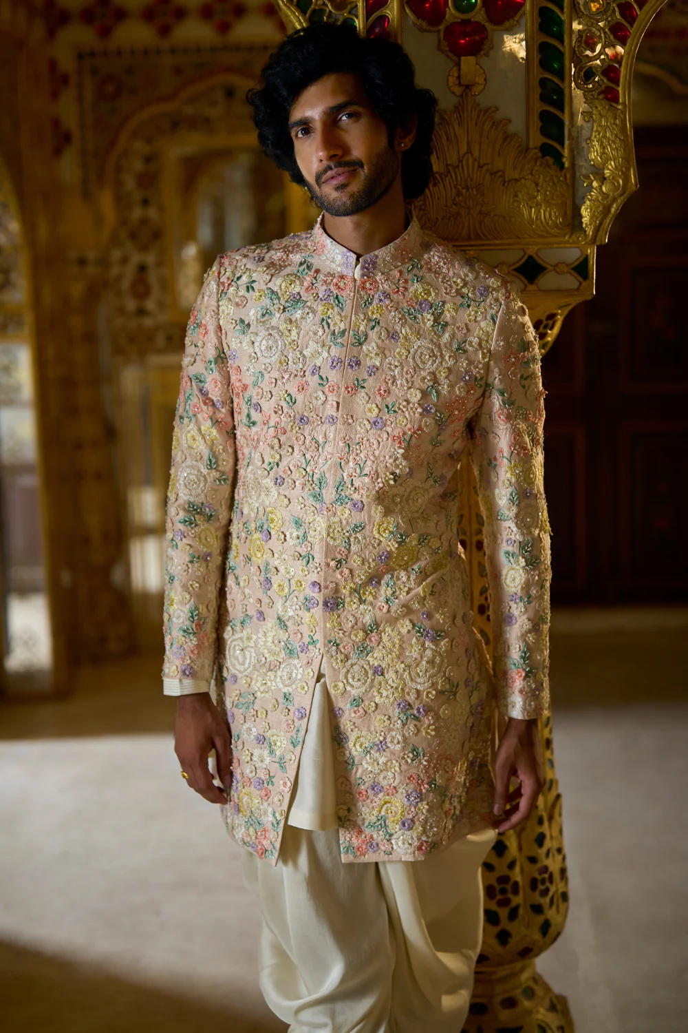 Seema Gujral - Cream Multi-Coloured Three-Dimensional Sherwani Set