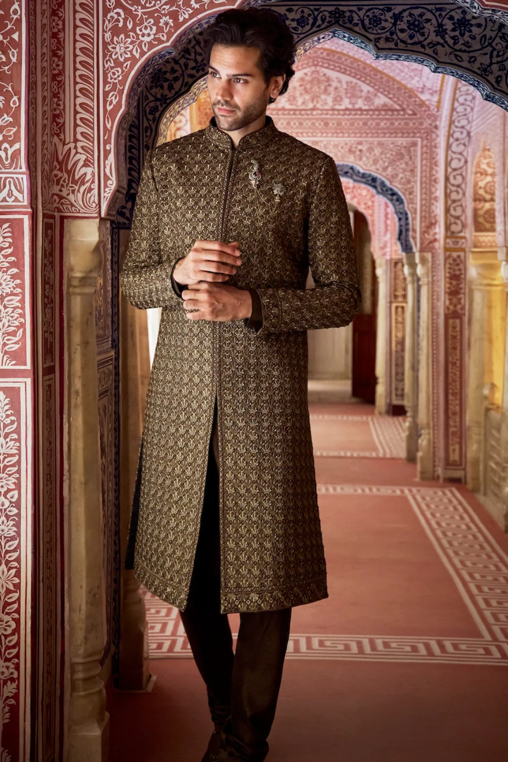Seema Gujral - Olive Green Thread Sequin Sherwani Set