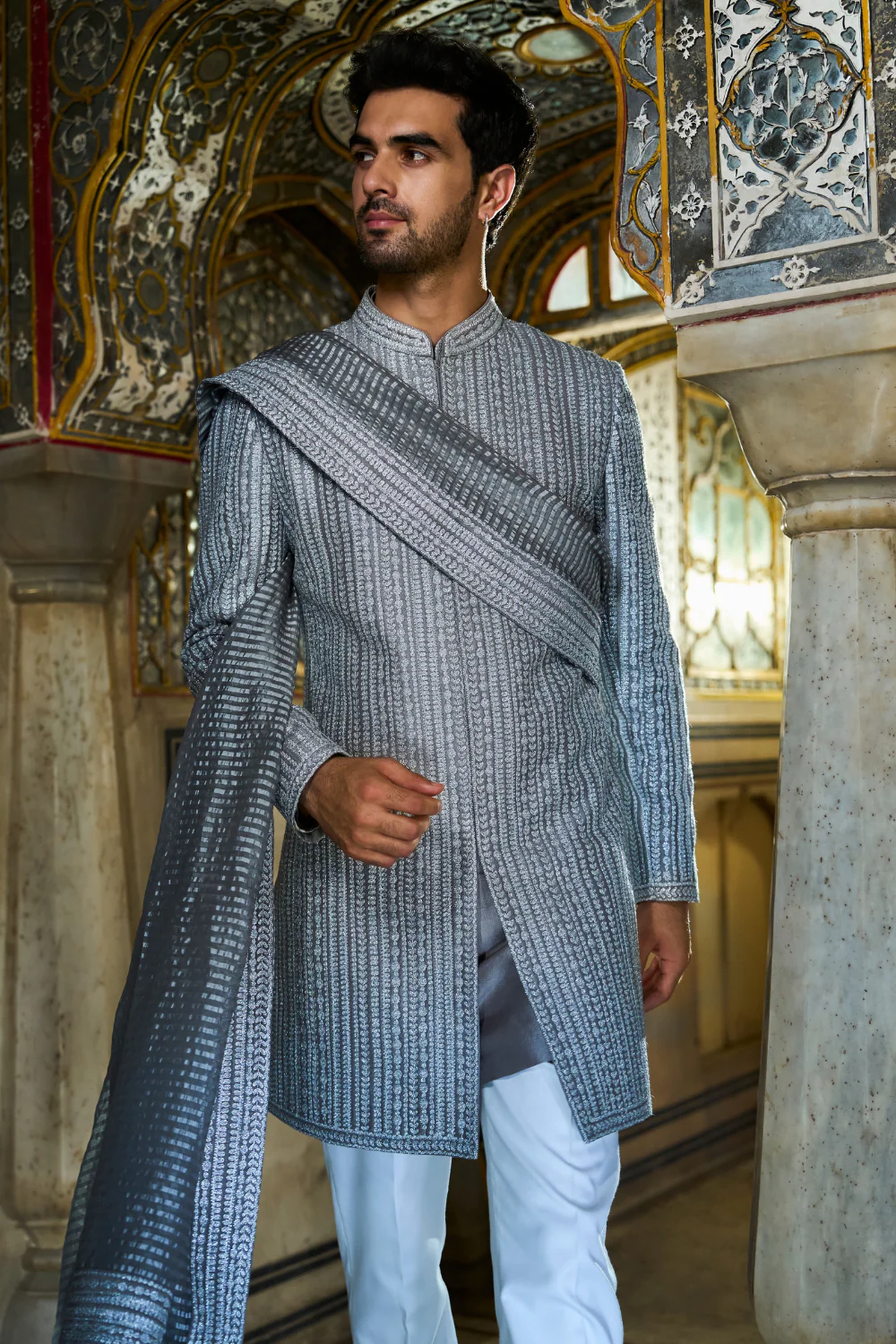 Seema Gujral - Slate Grey Dori Sherwani Set