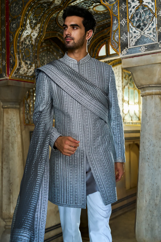 Seema Gujral - Slate Grey Dori Sherwani Set