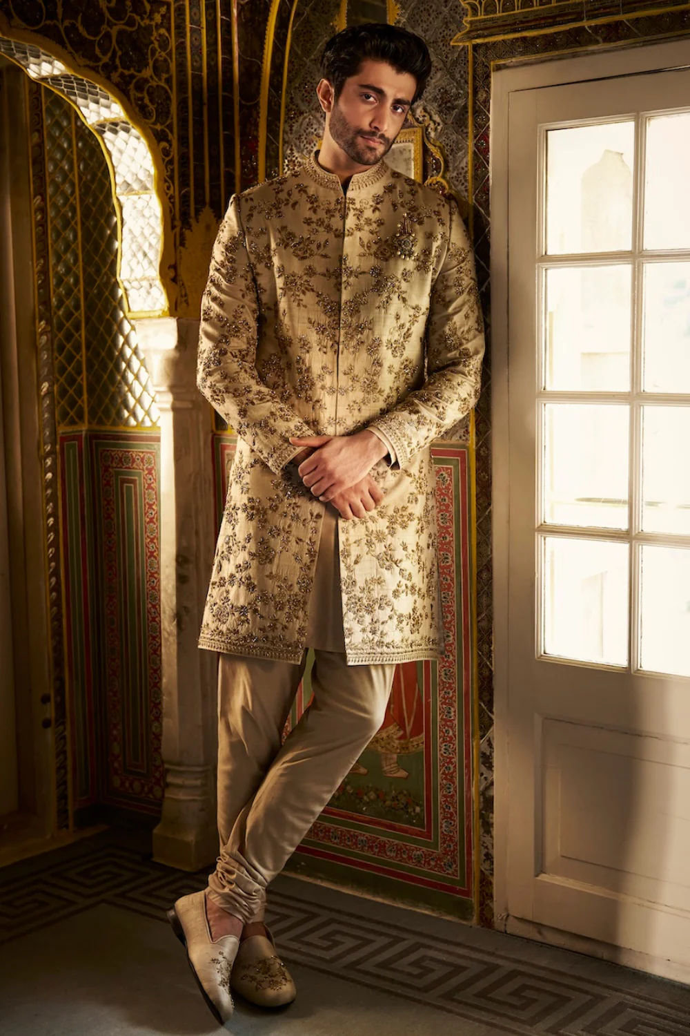 Seema Gujral - Beige Zardosi Short Sherwani Set