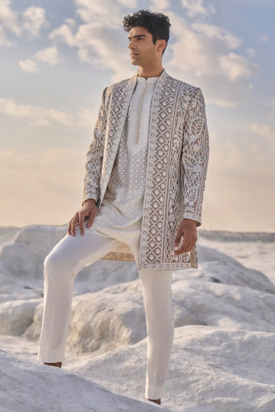 Seema Gujral - Nude Cream Open Sherwani Set