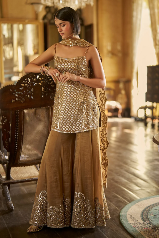 Seema Gujral - Antique Gold Mirror Sharara Set