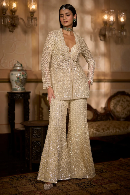 Seema Gujral - Cream Open Jacket Sharara - Pant Set