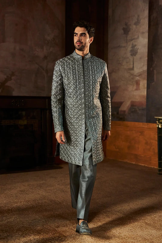 Seema Gujral - Charcoal Metallic Sherwani Set