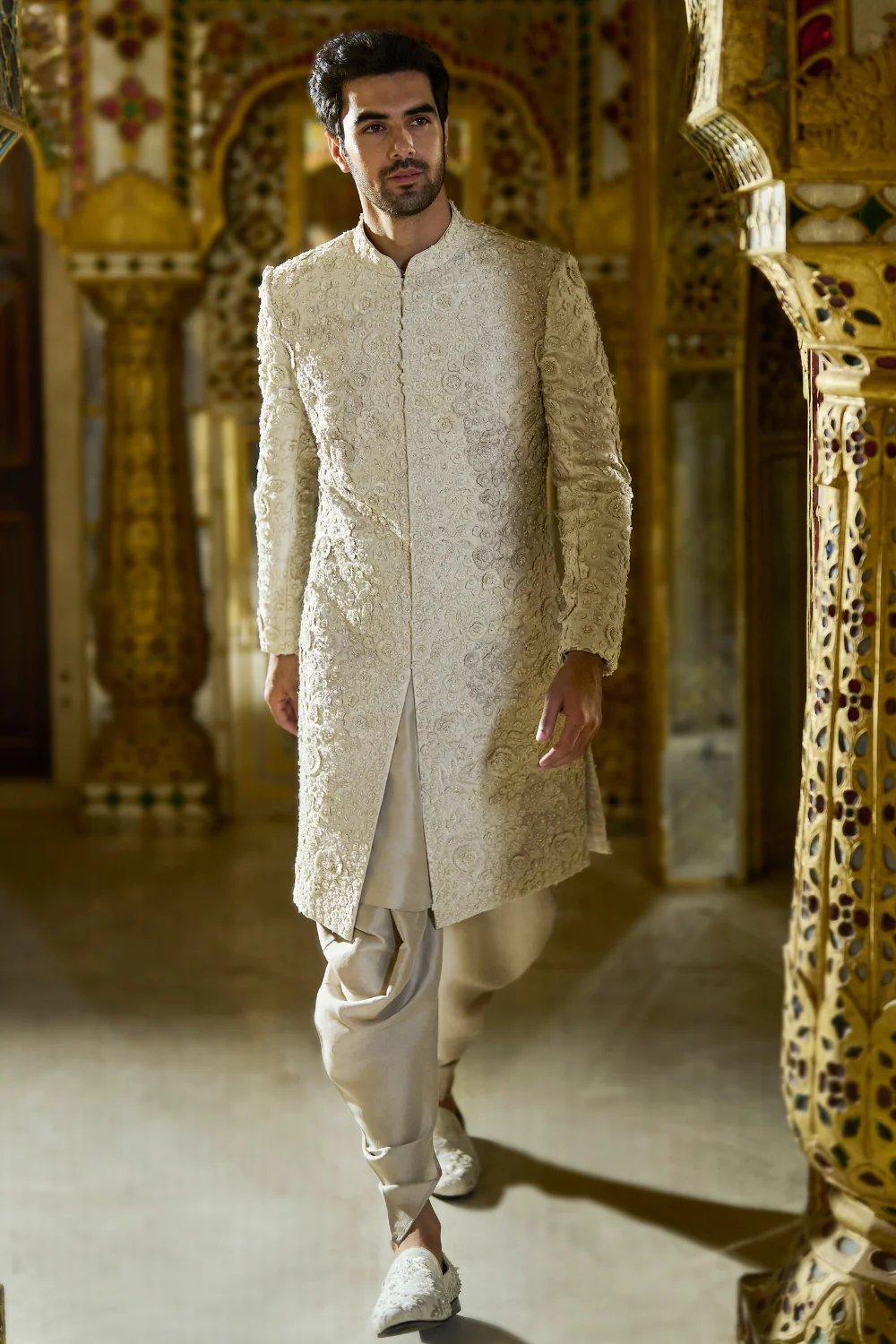 Seema Gujral - Vintage Ivory Three-Dimensional Sherwani Set