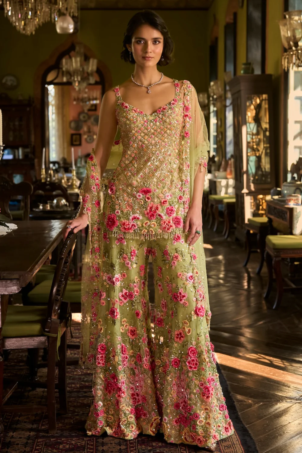 Seema Gujral - Leaf Green Three-Dimensional Sharara Set